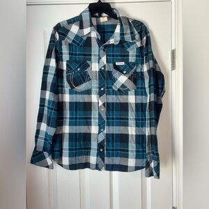 True Religion Men’s Plaid Teal Western Pearl Button Down Shirt  - L